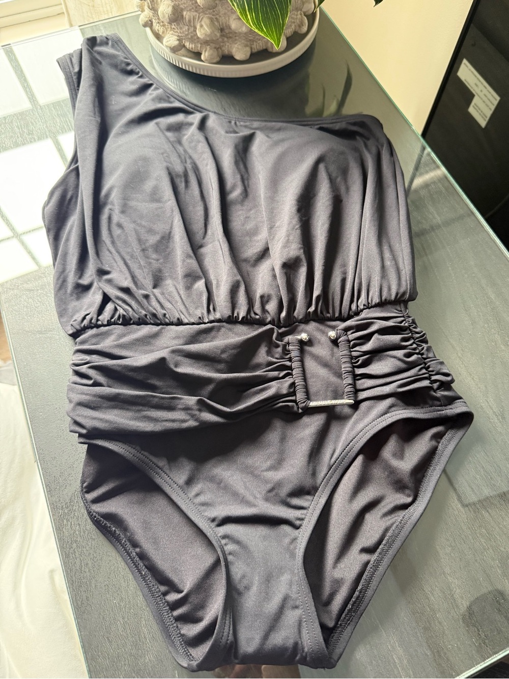 Michael Kors Swim One-Shoulder Black One-Piece Swimsuit with Buckle Waist